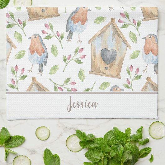 Linge De Cuisine Ressort d'aquarelle de la maison d'oiseaux (Plié)