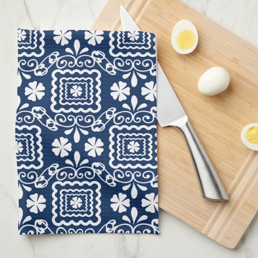 Linge De Cuisine rétro 60 blanc bleu motif floral (Quart Plié)