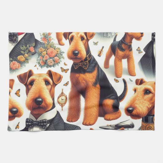 Linge De Cuisine Retro Airedale Terrier sans fil (Horizontal)