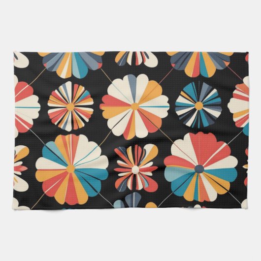 Linge De Cuisine Retro Black Rainbow geometric Flowers Pattern  (Horizontal)