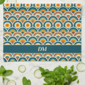 Linge De Cuisine Retro Boho Orange Blue Sun Motif Monogramme (Plié)