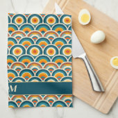 Linge De Cuisine Retro Boho Orange Blue Sun Motif Monogramme (Quart Plié)
