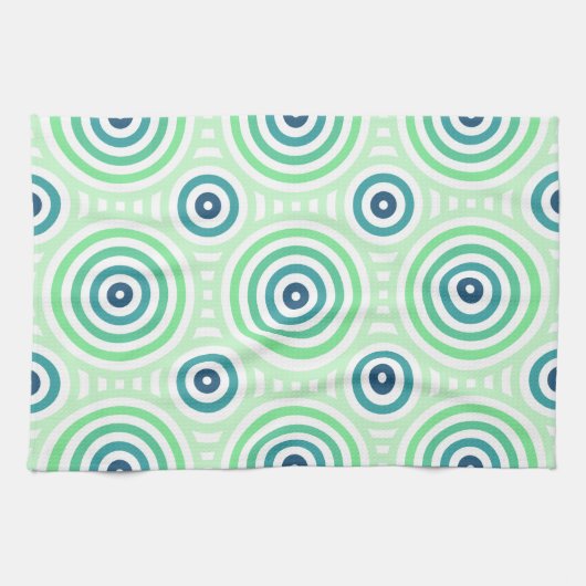 Linge De Cuisine Retro Circulaire Geometric Pattern en Green & Blue (Horizontal)