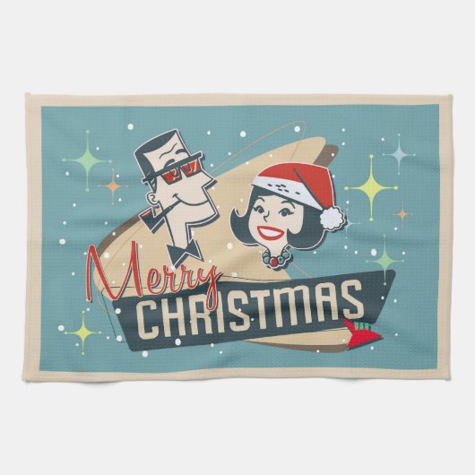 Linge De Cuisine Retro Couple Joyeux Noël Vintage (Horizontal)