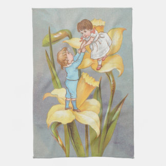 Linge De Cuisine Retro Cute Sweet Valentine, children and daffodils