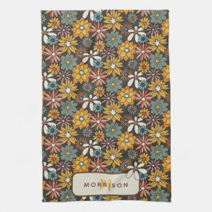 Linge De Cuisine Retro Floral Brown Gold Turquoise Personnalisé