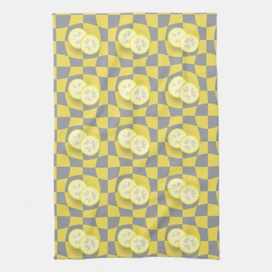 Linge De Cuisine Retro Gris Jaune Citron Tranches Motif de fruits (Vertical)