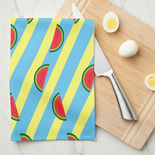 Linge De Cuisine Rétro Pastèques fond bleu (Quart Plié)