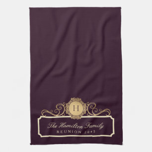 Linge De Cuisine Réunion de famille élégante Or Monogramme Bordeaux