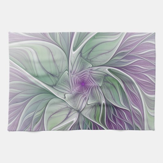 Linge De Cuisine Rêve de fleurs, Abstrait violet vert Fractal Art (Horizontal)
