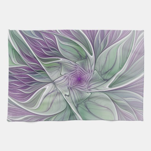 Linge De Cuisine Rêve de fleurs, Abstrait violet vert Fractal Art (Horizontal)