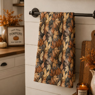 Linge De Cuisine Riche Brun Beige Feuilles D'automne Rustique Ferme