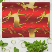 Linge De Cuisine Rindeer d'or sur Red Joyeux Noël (Plié)