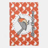 Linge De Cuisine Robin sur Orange White Bird Motif - Joyeux Noël (Vertical)