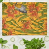Linge De Cuisine Robins et fleurs de lys, orange et vert (Plié)