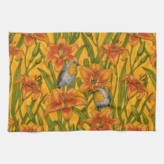 Linge De Cuisine Robins et fleurs de lys, orange et vert (Horizontal)