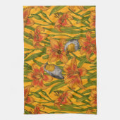 Linge De Cuisine Robins et fleurs de lys, orange et vert (Vertical)