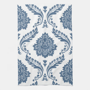Linge De Cuisine Rococo Damassé Grand Motif Bleu sur Blanc