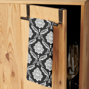 Linge De Cuisine Rococo Damassé Petit Motif Blanc sur Noir