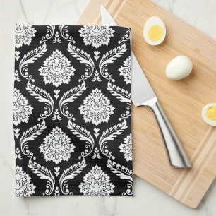 Linge De Cuisine Rococo Damassé Répétition de Motif Blanc sur Noir