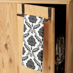 Linge De Cuisine Rococo Damassé Répétition de Motif Noir sur Blanc