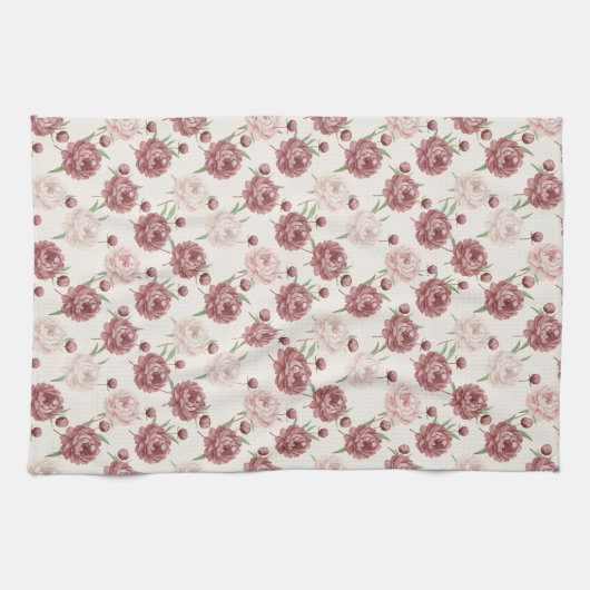 Linge De Cuisine Romantic Blush & Burgundy Peony Floral Pattern (Horizontal)
