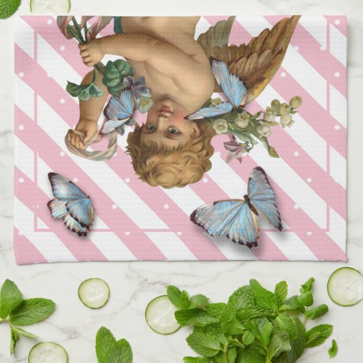 Linge De Cuisine Rose Blanc Bleu Téroub Papillon de cuisine Serviet (Plié)