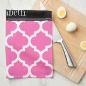 Linge De Cuisine Rose Chaud2 Blanc Marocain #5 Noir Nom Monogramme (Quart Plié)