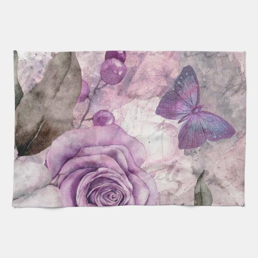 Linge De Cuisine Rose d'aquarelle violet et papillon (Horizontal)