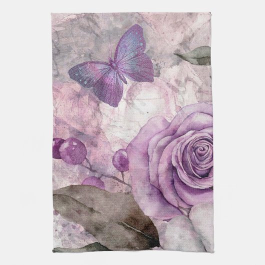 Linge De Cuisine Rose d'aquarelle violet et papillon (Vertical)