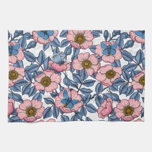 Linge De Cuisine Rose de chien et papillons (Horizontal)