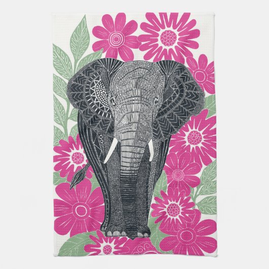 Linge De Cuisine rose éléphant folksy (Vertical)
