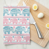 Linge De Cuisine Rose et motif ethnique turquoise d'éléphant (Quart Plié)