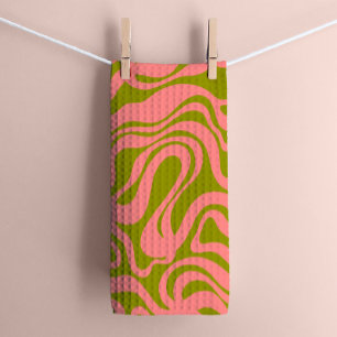 Linge De Cuisine Rose et vert années 1970 Retro Moderne Swirl