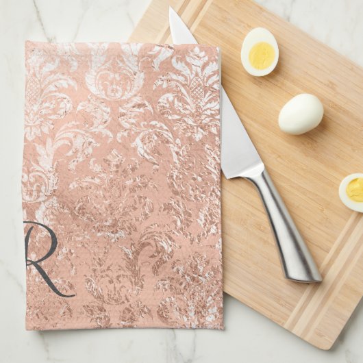 Linge De Cuisine Rose Gold Damask monogrammé (Quart Plié)