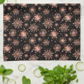 Linge De Cuisine Rose Gold Snowflakes sur Black (Plié)