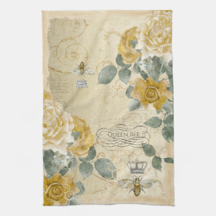 Linge De Cuisine Rose jaune d'or de la reine Bee Floral Vintage