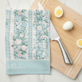 Linge De Cuisine Rose pastel Monogram vert floral Gingham rayures (Quart Plié)