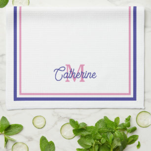 Linge De Cuisine Rose Prépa et Rayure Bleu Marine Monogramme Simple