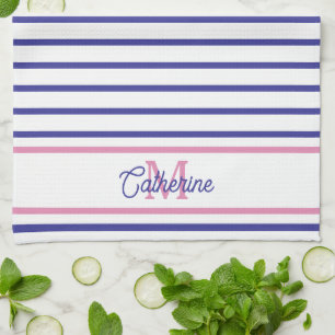 Linge De Cuisine Rose Prépa et Rayure Bleu Marine Simple Monogramme