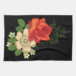 Linge De Cuisine Rose rouge et marguerites Fond noir