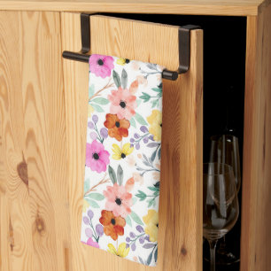 Linge De Cuisine Rose, Rouge, Fleurs Florales Jaunes Aquarelle 