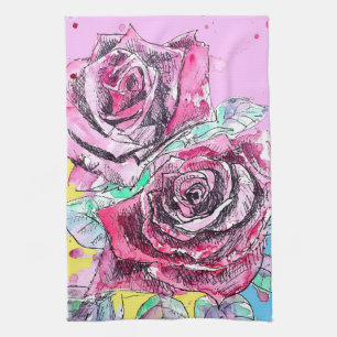 Linge De Cuisine Rose Rouge Roses Aquarelle Florale Fleurs Fleur