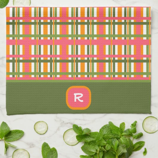 Linge De Cuisine Rose Vert Plaid Chic Monogramme initial (Plié)
