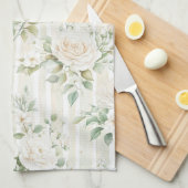 Linge De Cuisine Roses blanches aux teintes romantiques à rayures f (Quart Plié)