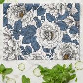 Linge De Cuisine Roses blanches avec feuilles bleus sur blanc (Plié)