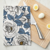 Linge De Cuisine Roses blanches avec feuilles bleus sur blanc (Quart Plié)