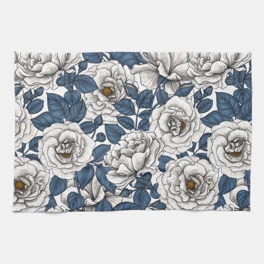 Linge De Cuisine Roses blanches avec feuilles bleus sur blanc (Horizontal)