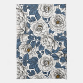 Linge De Cuisine Roses blanches avec feuilles bleus sur blanc (Vertical)