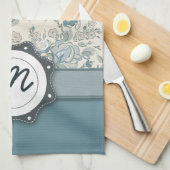 Linge De Cuisine Roses bleus et crèmes avec le monogramme (Quart Plié)